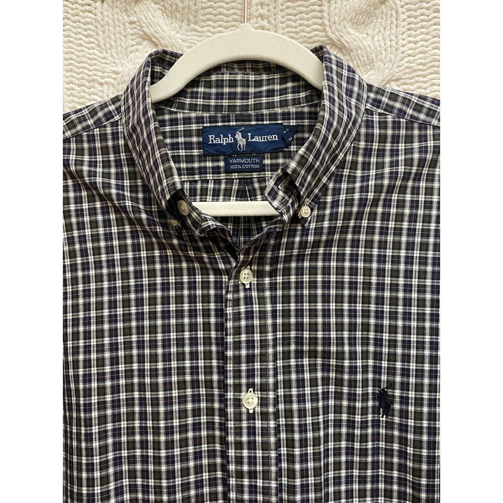 RALPH LAUREN Shirt Blue Plaid Yarmouth Cotton‎ Size 16.5 Mens 34/35 Academia